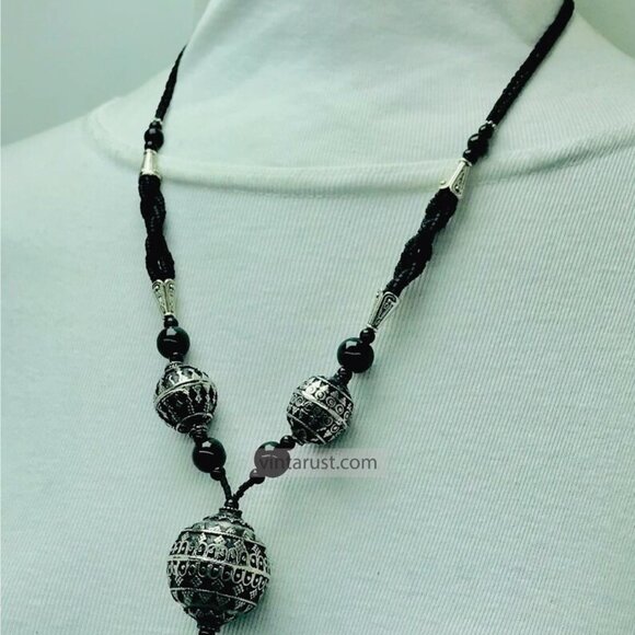 Artisan Black Boho Pendant Necklace | Rustic Boho Black Beaded Necklace - Picture 6 of 11
